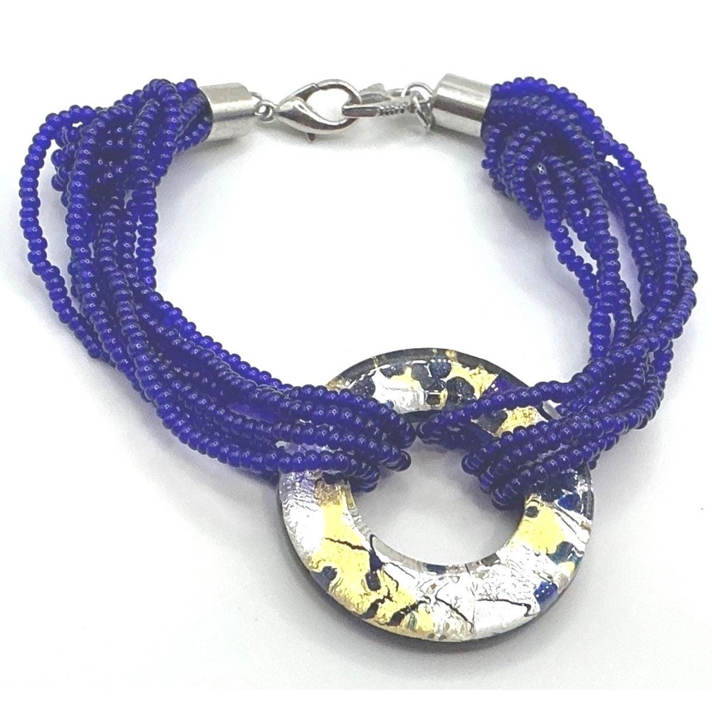Blue Seed Bead Multi Strand Bracelet Silver Gold‎ Foil Ring 8"
